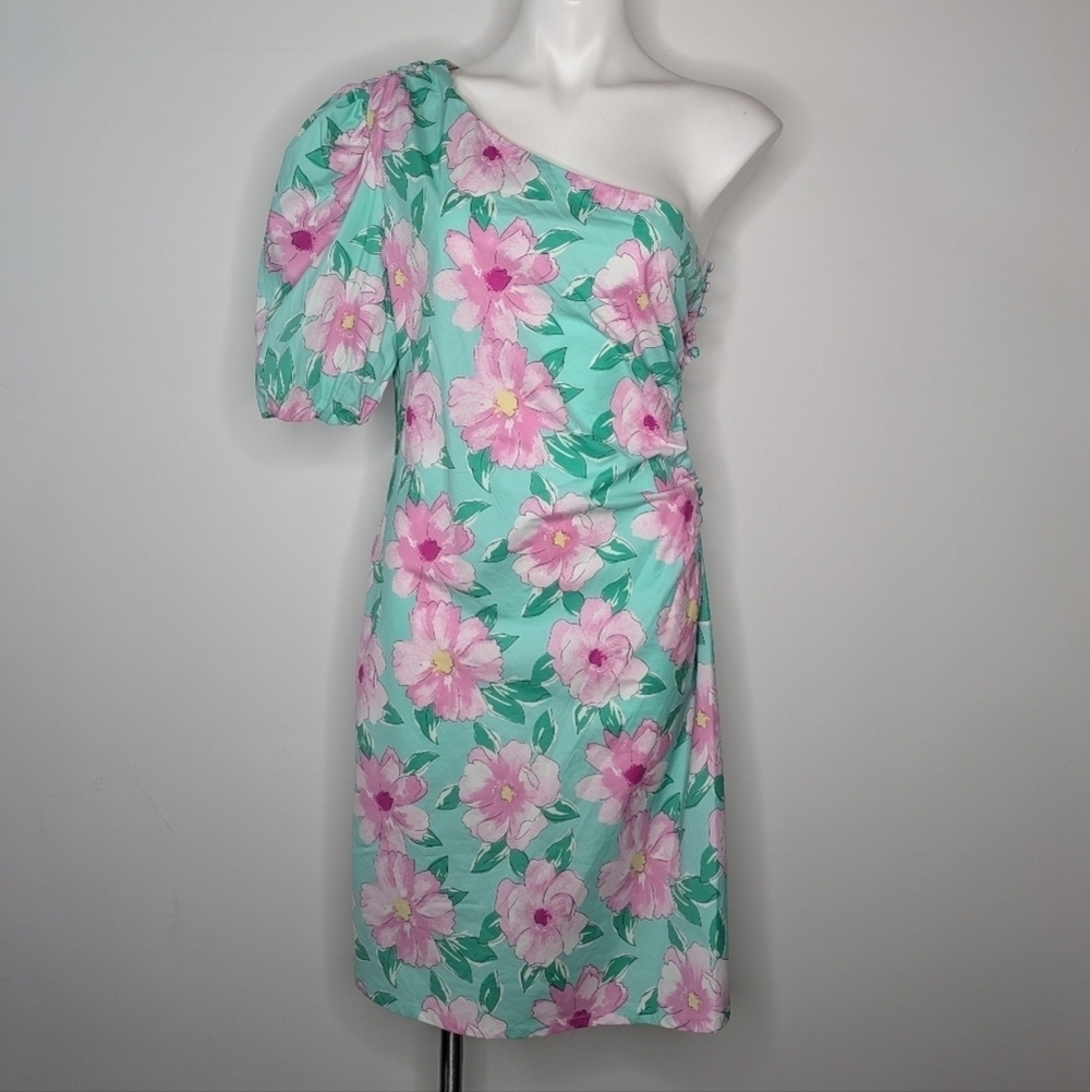 ✨3/$15 NWT GB Dillard's blue green pink floral one sleeve cutout side dress XXL